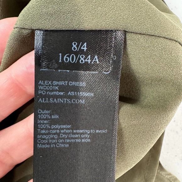 AllSaints Alex Shirt Dress Size US 4 Olive Green Long Sleeve Button Front Silk - Picture 11 of 15